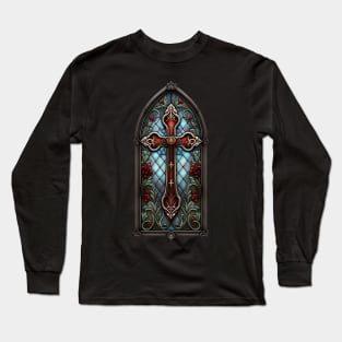 Stained Glass Window Gothic Cross Long Sleeve T-Shirt